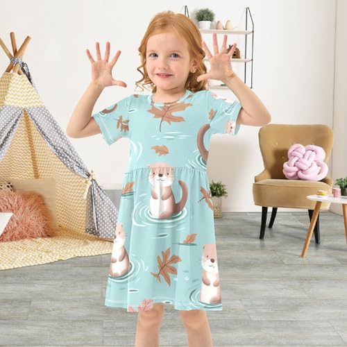 Cute Otters Girls Short Sleeve Dresses, Cotton Short A-line Dress4