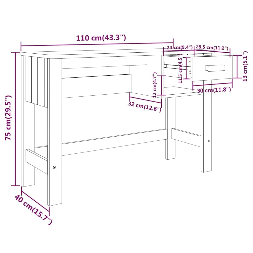 Scrivania 110 x 40 x 75 cm in legno di pino massiccio grigio chiaro con
