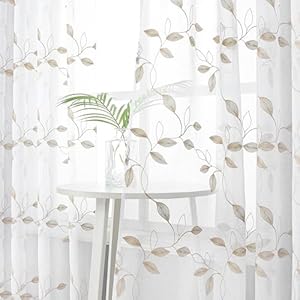 Tollpiz Taupe Leaf Sheer Tier Curtains Leaves Embroidered Kitchen Short Curtain Rod Pocket Voile Bathroom Curtains for Cafe, 30 x 24 inches Long, Set of 2 Panels Tollpiz Taupe Leaf Sheer Tier Curtains Leaves Embroidered Kitchen Short Curtain Rod Pocket Voile Bathroom Curtains for Cafe 30 x 24 inches Long Set of 2 Panels