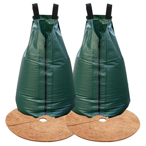 20gal Tree Watering Bag Slow Release with Coconut Fiber Mulch Ring, Deep Root&Slow Release&Automatic Drip Irrigation Watering System for Trees and Shrubs (2*Watering Bag +2* Mulch Mat)