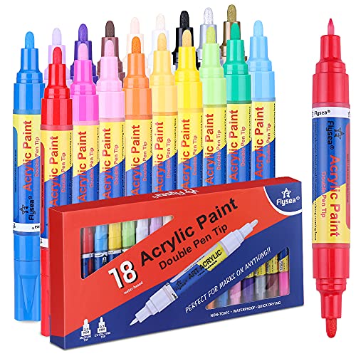 18 Colores Rotuladores Acrílicos Doble Punta 0.7mm & 2-3mm: Rotuladores De Pintura Acrílica Para Manualidades, Marcadores Punta Fina Médium Permanente Para Madera, Textil, Telas, Vidrio, Piedras Cover