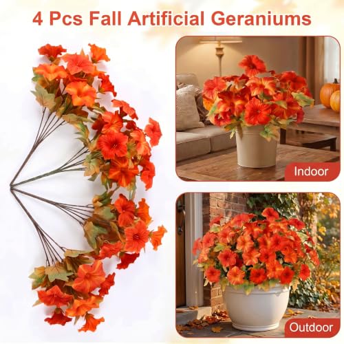 Image of Bassion Artificial Fall Flowers for Outdoor Decoration, 4 Pcs Fake Petunias | UV resistant, silk flowers, realistic faux morning glory plants, window box planters porch garden home autumn outdoor decor