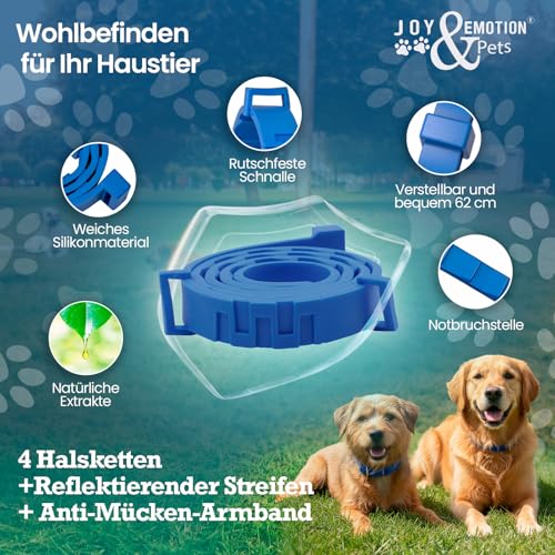 JOY & EMOTION® Super Zeckenhalsband für Hunde, Flohhalsband 5 Stück + 1 Mückenarmband | Natürlich, Verstellbar & Wasserfest | Für Kleine, Mittlere & Große Hunde | 30 Monate Schutz gegen Zecken & Flöhe