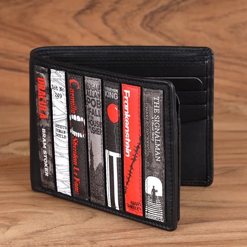 Men's Slim RFID Blocking Wallet – Top Grain Leather Bifold with 10 Card Slots, ID Window & Durable Stitching (Horror Bookworm)4