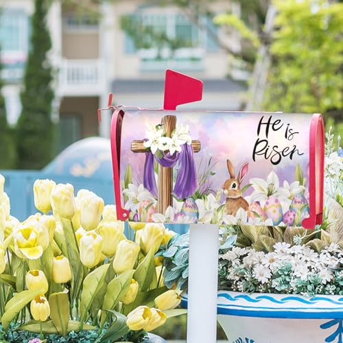 Image of Easter He is Risen Cross Mailbox Covers Magnetic Standard Size 18x21in Happy Easter Bunny Mailbox Cover Spring Lily Flowers Mailbox Wrap Post Letter Box Cover Decorative for Home Outdoor Yard Garden