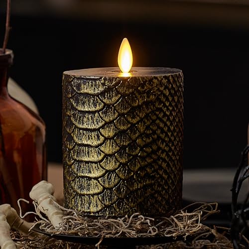 Image of Luminara Snake Pattern Flameless LED Candle, Black & Gold 3 inch x 4.5 inch, Moving Flame Pillar, Battery Operated Timer Real Wax Halloween Gothic Home Decor