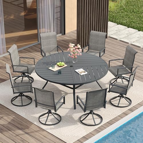 Image of VICLLAX Round Patio Table with Adjustable Umbrella Hole for 8, All Weather Metal Outdoor Dining Table for Lawn Garden, 59.8 inch Outdoor Coffee Table, Grey Tabletop