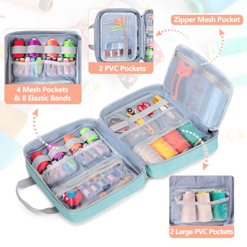 Image of LUXJA Sewing Storage Organizer with Folio Open Design, Sewing Organizer Bag with Versatile Pockets for Sewing Kits, Blue