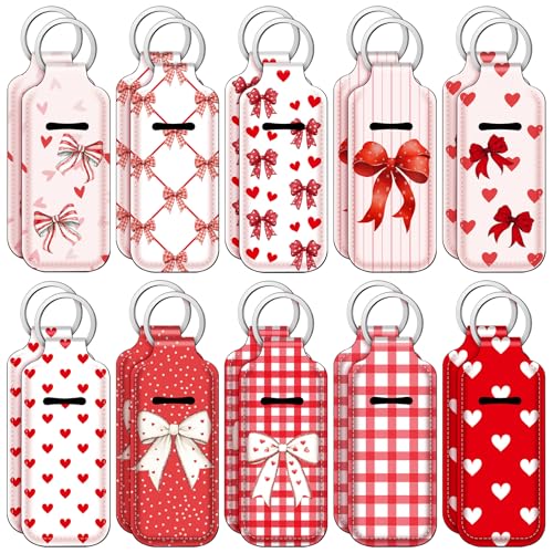 Ctosree 20 Pcs 20 Pcs Coquette Bow Lipstick Holder Keychain Gifts Bulk Coquette Lip Balm Holder Keychain Bow Birthday Party Favors (Valentine Red)