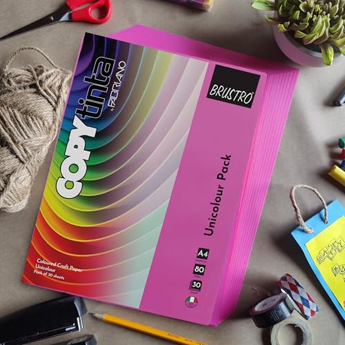 Image of BRUSTRO Copytinta Coloured Craft Paper A4 Size 80 GSM Pink Shade (Fucsia), 60 Sheets Pack | Double Side Colored, Ideal for Origami, Scrapbooking, Making Card, DIY Art & Craft.