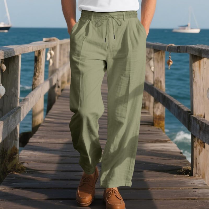 Men's Linen Drawstring Pants Lightweight Breathable Loose Fit Summer Beach Casual Trousers with Pockets2