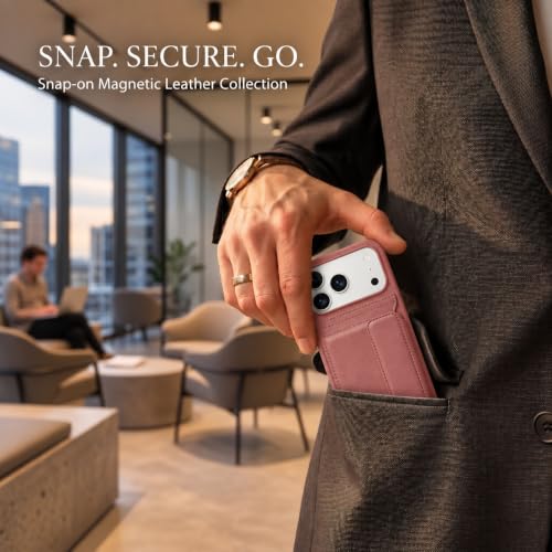 Image of amazon basics Luxury Vegan Leather Back Cover for iPhone 17 Pro Max | Built-in Card Holder Slot | Integrated Mobile Stand | Slim Shockproof Protective Case with Stitched Finish - Pink