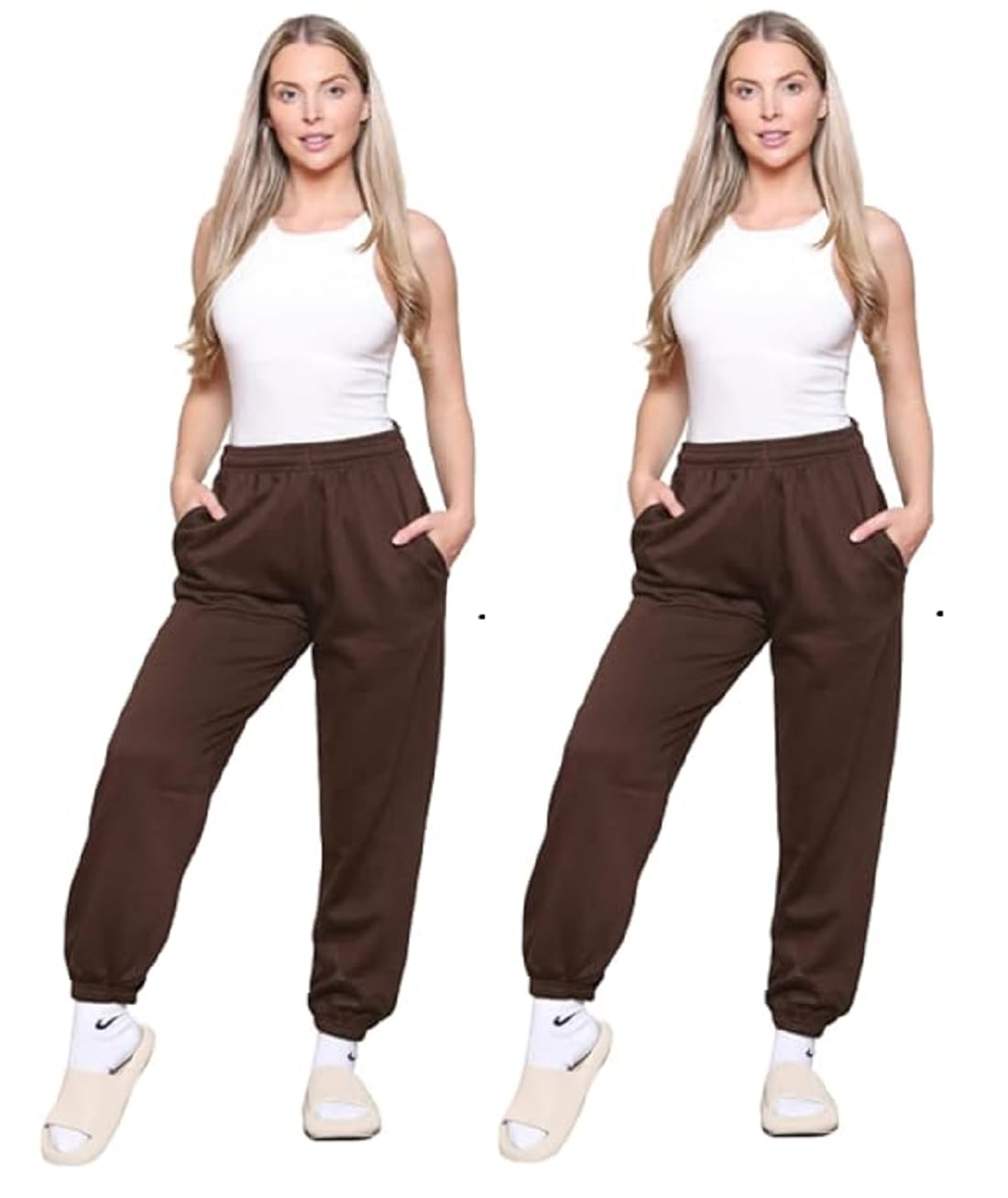 Towelbay 2 Pcs Womens Ladies Jogging Bottoms Loose Joggers Sweatpants Trousers Pockets Casual Jog Pants Sports Gym Yoga Joggers UK Sizes 6-14 (Brown, XL (14))