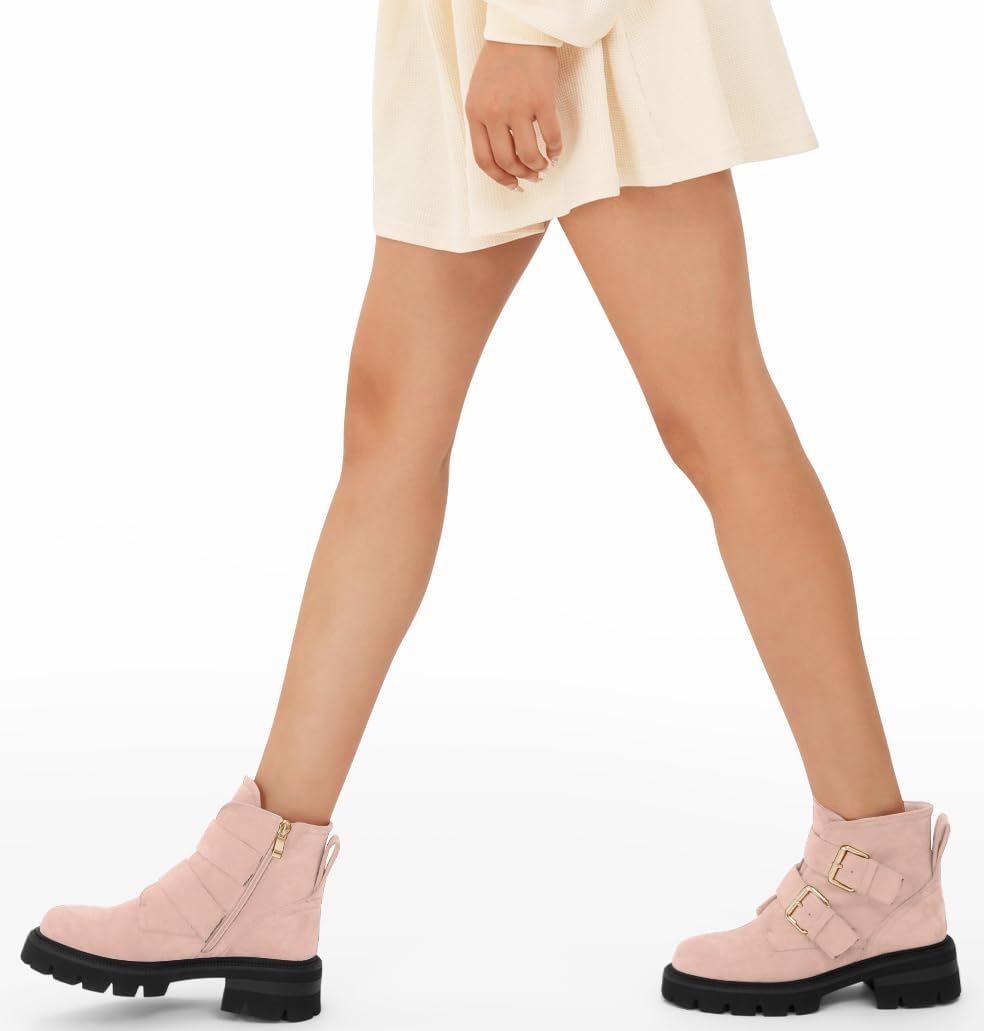 Women's Lug Sole Chunky Heel Short Combat Boots Ankle Suede Booties Heeled Platform Black Comfort Shoes with Side Zipper Buckle - Image 4