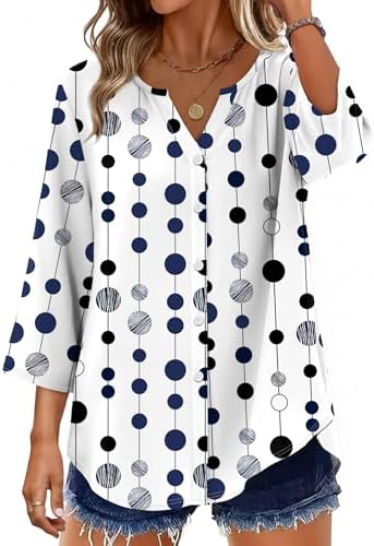 OFEEFAN Button Down Shirts for Women 3/4 Length Sleeve Tops V Nec...