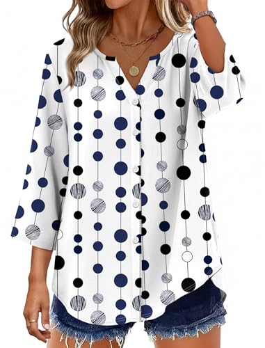 OFEEFAN Summer Tops for Women 2026 Business Casual Tops 3/4 Sleeve Shirts Work Tops Button Up Shirts Comfort Colors Tshirt Polka Dot Top L