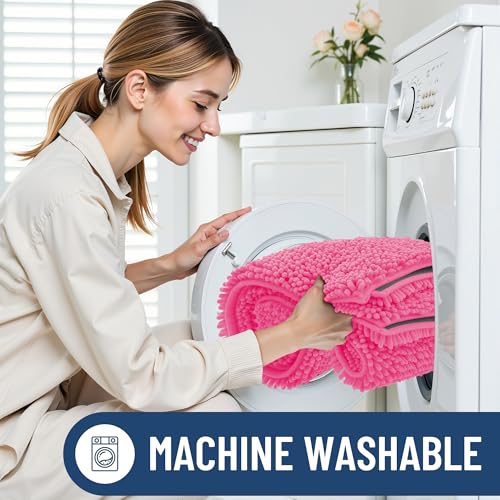 Smiry Luxury Chenille Bathroom Rugs 24x16, Extra Soft and Absorbent Shaggy Bath Mat, Machine Washable, Non-Slip Plush Carpet Runner for Tub, Shower, and Floor, Home Decor Accessories, Hot Pink