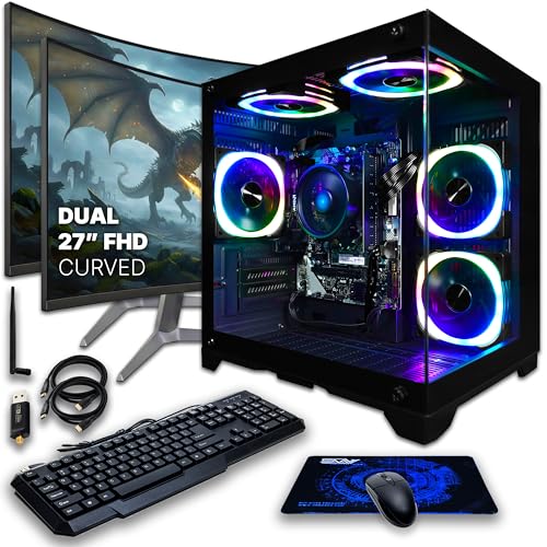 Image of SAAV Atlas Prebuilt Gaming PC Bundle Desktop Tower AMD Ryzen 5 8500G Radeon 740M Graphics Dual 27in Monitors 16GB DDR5 256GB NVMe SSD WiFi 6 Windows 11 Black RGB Computer PC Gaming