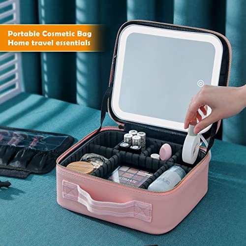 Jadazror Makeup Bag With Mirror And Lights 3 Color Settings Makeup Train Case With Adjustable Dividers Waterproof Portable Large Cosmetic Bag Organizer & 10X Magnifying Mirror Gift For Women(Pink) #TOP7