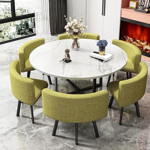 Juego de mesa de comedor redonda con 6 sillas de piel sintética, respaldo suave, parte superior de mármol sintético, perfecto para la oficina o cenas, muebles elegantes y cómodos