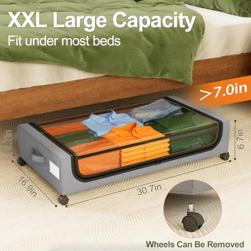 Image of GoMaihe Under Bed Storage with Wheels: 48L Underbed Storage Containers with Lids - Rolling Bins for Shoes Clothes in Dorm Bedroom - Metal Drawers Easy Pull-out Grey 4-Pack