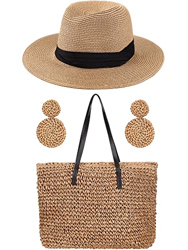 Coume Straw Large Beach Bag for Women's Woven Beach Bag and Hats Set Earring Handmade Shoulder Hand Bohemia Set(Khaki)