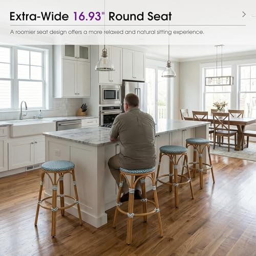 Image of PURPLE LEAF Outdoor French Round Bar Stool Set of 2 Large 30 inch Armless Handwoven Rattan Wicker Barstools with Bamboo Print Aluminum Frame Footrest for Patio Restaurant Bistro Soft Blue