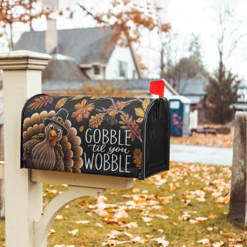 Image of Thanksgiving Turkey Mailbox Cover Magnetic 25.5 inchx21 inch | Fall Autumn Maple Leaf Black Mailbox Wrap Post Cover Large Size for Garden Yard Outdoor Outside Holiday Decor