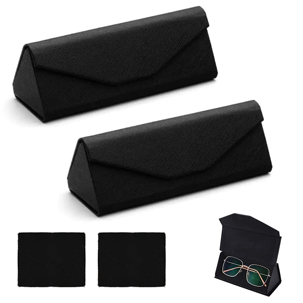 Qanye 2 Piezas Funda Plegable Gafas de Sol, Triángulo Plegable Funda de Gafas, Estuche para Gafas de Sol, Estuche de Anteojos, con 2 Paño de Gafas, para Gafas, Gafas de Lectura, Gafas Deportivas