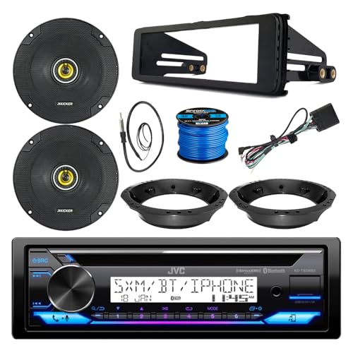 Single DIN Marine Bluetooth AM/FM CD Stereo Receiver 2X 6.5 300 Watt Max 2-Way Car Audio Speakers w/Adapters Stereo Install Kit 1998-2013 Harley Motorcycles Antenna Speaker Wire