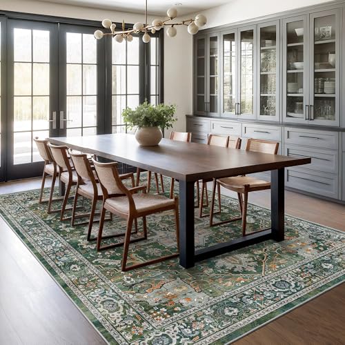 Rugland 5x7 Area Rugs - Stain Resistant Washable Rug, Anti Slip Rugs for Living Room, Vintage Tribal Area Rugs(Medallion 01-Green/Grey, 5'x7')