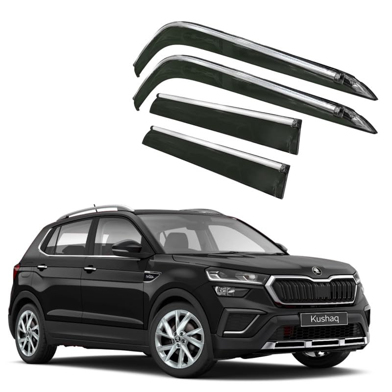 Image of CAR SAAZ Side Door Visors for KUSHAQ (2021-2026)(Set of 4Pcs)|Chrome Lined Rain Guards, Polycarbonate, Smoke Finish