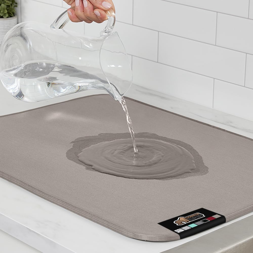 GORILLA GRIPUltra Water Absorbent Microfiber Dish Drying Mat, 18x24, Quick Dry Thick Mesh, Slip Resistant Pad for Sink Dishes or Under Rack, Kitchen Counter Accessories, Machine Wash Mats, Almond