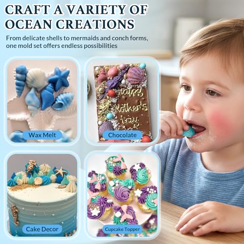 Image of HKNMTT Marine Themed Silicone Mold for Polymer Clay Fondant, Seashell Mermaid Tail Starfish Ocean Seahorse Air Dry Clay Craft Cake Decor Wax Melt Chocolate Candy Mould DIY Cupcake Toppers BPA Free