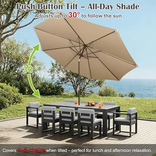Image of Blissun 10FT Patio Umbrella, Outdoor Table Umbrella, Yard Umbrella, Market Umbrella with 8 Sturdy Ribs, Push Button Tilt and Crank, Tan