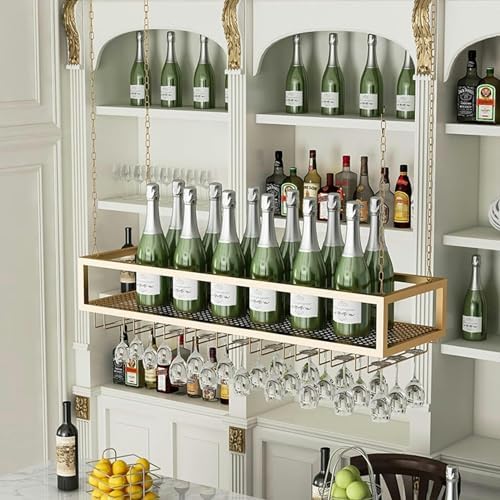 Creative Wine Rack - Ceiling Hanging Metal Holder for Wine Bottles & Stemware, Floating Organizer Shelves for Home Bar & Restaurant, Stylish Storage Solution