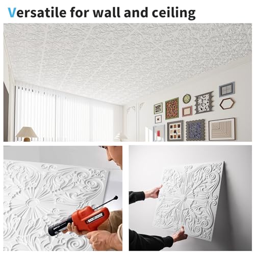 Image of Art3d Spanish Floral Drop Ceiling Tiles, 24 x 24 in, 12-Pack, Matt White