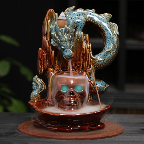 HaisWonsa Skull Dragon Incense Burner Holder - LED Backflow Waterfall Cone Incense Holder Ceramic Unique Skeleton Burner with Cones & Sticks for Halloween/Aromatherapy/Yoga/Home/Room/Office Deco