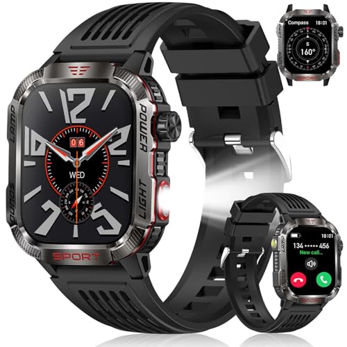 INMUA Smartwatch Uomo, 2.01' Militari Smart Watch con Chiamate Bluetooth, Monitoraggio Sonno/Frequenza Cardiaca/Torcia LED/100+ Modalità Sportive,IP68 Orologio Smartwatch per iOS Android,2 Cinturini
