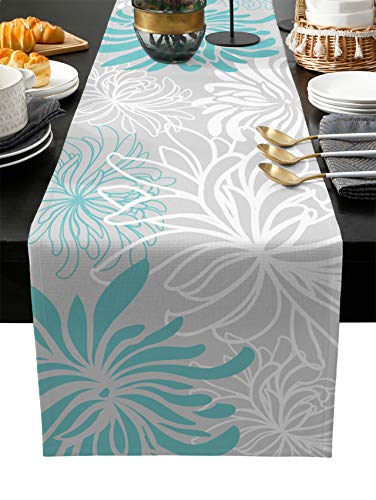 PIEPLE Aqua Chrysanthemum Flowers Table Runner-Cotton Linen-Long 13x108inches Dresser Scarves,Floral Grey Tablerunner for Kitchen Coffee/Dining/End Table Bedroom Living Room,Scarf Decor for Holiday