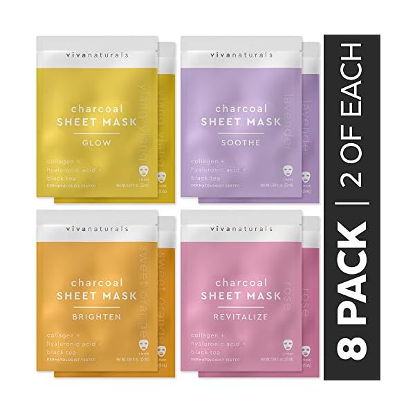 Face-Masks-Skincare-Facial-Mask-with-Collagen-Hyaluronic-Acid-for-Glowing-Skin-Dermatologist-Tested-Charcoal-Face-Mask-for-Moisturizing-Brightening-8-Sheet-Masks Viva Naturals Charcoal Face Mask Set (8 Pack) - Collagen & Hyaluronic Acid Face Mask for Skin Care - Moisturize and Brighten with 4 Varieties of Facial Sheet Mask