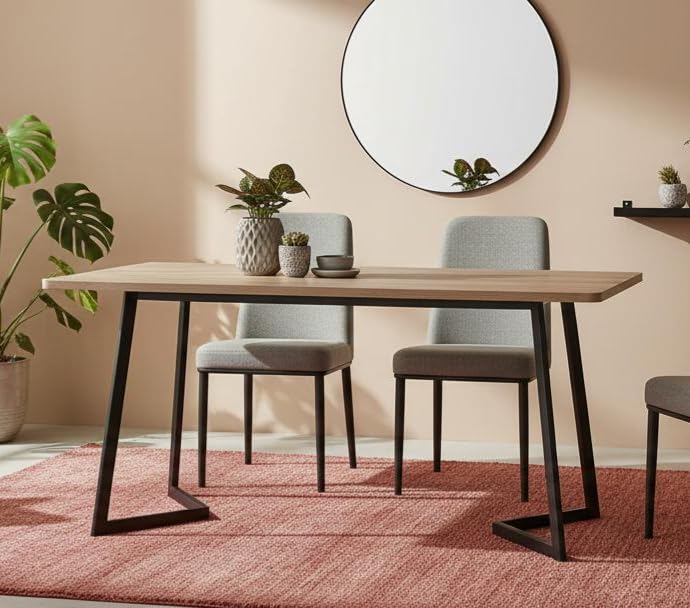 Table salle à manger chêne scié anti-rayures 140 cm en métal noir résistant pour repas de famille
