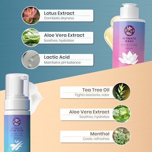 Image of Yu n Me Intimate Care Combo for him & her | Women's Wash for Dryness Control & Men's Foam Wash for Odor Protection | pH Balanced, Gentle, Aloe Vera, Tea Tree & Botanical Extracts