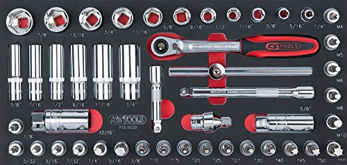 KS Tools 713.1023 - Module de douilles et accessoires 3/8'' - Gamme ULTIMATE® - Empreinte des outils découpée au laser - Mousse imputrescible 47 pièces