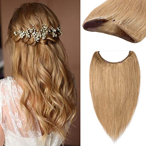 16" 60g Straight Invisible Wire No Clips No Tape Hidden headband Secret Fish Line Hair Extensions 100% Real Human Hair Adjustable Transparent Wire Hairpiece #27 Dark Blonde