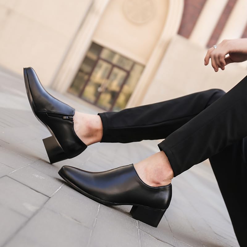 Battle Men Men's Leather Slip-On Dress Shoes with Pointed Toe, Chunky Heel, 3-Inch Height Increasing Elevator Style for Office or Formal Use4