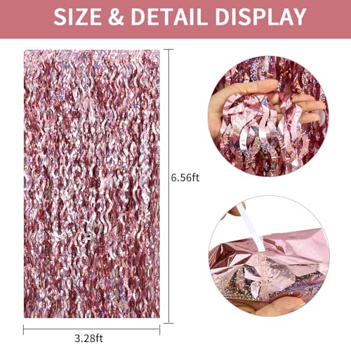 Image of TONIFUL 3Pcs Wavy Metallic Tinsel Foil Fringe Curtains Rose Gold Streamer Backdrop for Photo Booth Props,Party Door Wall Curtain,Bachelorette,Birthday,Anniversary,Bridal Shower Decor (9.9ft x 6.6ft)
