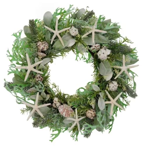 idyllic 20 Inch All Seasons Seashell Wreath with Green Leaves for Front Door and Wedding Rustic Farmhouse Costal Starfish Conch Shells Wreath for Indoor and Outdoor Spring Summer Home Decor