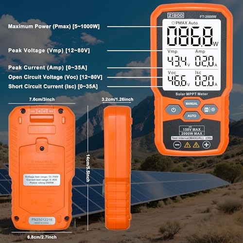 Image of ZIBOO FT-2000W Solar Panel Tester MPPT Meter - 2000W Max Power, 150V /35A PV Module Tester for Voc /Isc, Open Circuit Voltage & Short Circuit Current, with Backlight & Data Hold