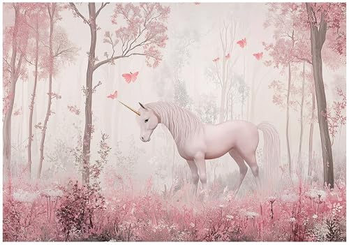 WallArena - Vlies Fototapete Kinderzimmer 200x140 cm Einhorn Fantasie - Fototapeten Tapeten für Kinder Mädchen - Kindertapete - Kinderzimmertapete Fantasy Tiere Wald Rosa